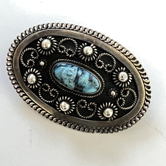 Midcentury 1940's Silver Filagree Brooch - Set with Blue stone - Picture 12 of 14